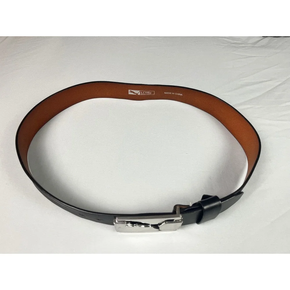 Puma Mens Black Genuine Leather Belt Silver Cutout Cat Logo Buckle Size L 100cm